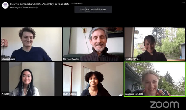six people interacting through video conferencesoftware.