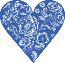 An etching of a heart-shape in blue with various flowers in white inside it.