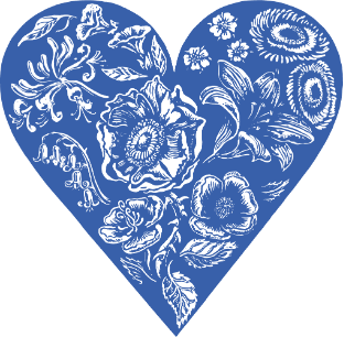 An etching of a heart-shape in blue with various flowers in white inside it.